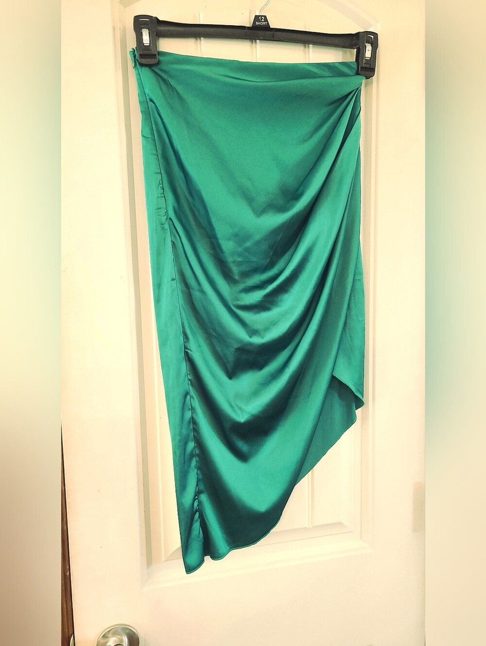 Asymmetric Satin-like Draped Midi Skirt - Emerald Green - Size XS